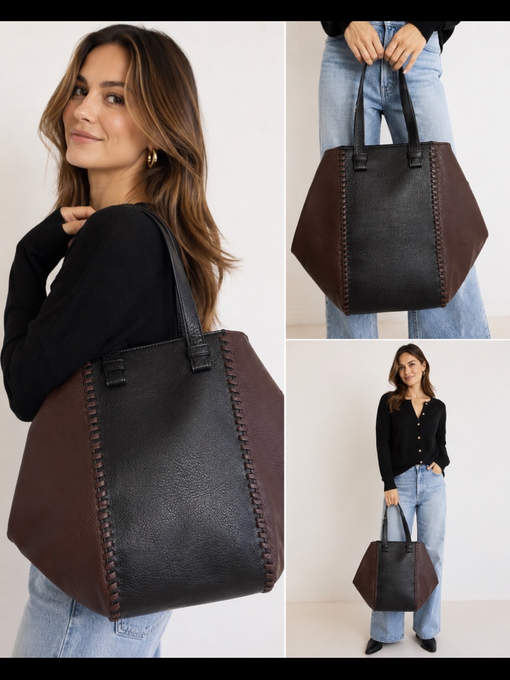 Anthropologie -Two-Tone Black and Brown Leather Tote Bag. Large.